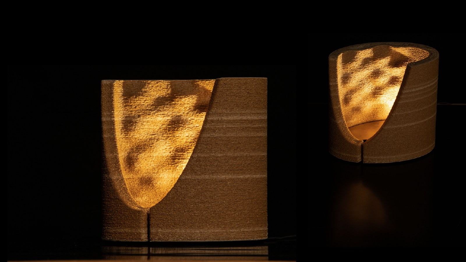 3D printed lamp in rice husk composite, lit from within
