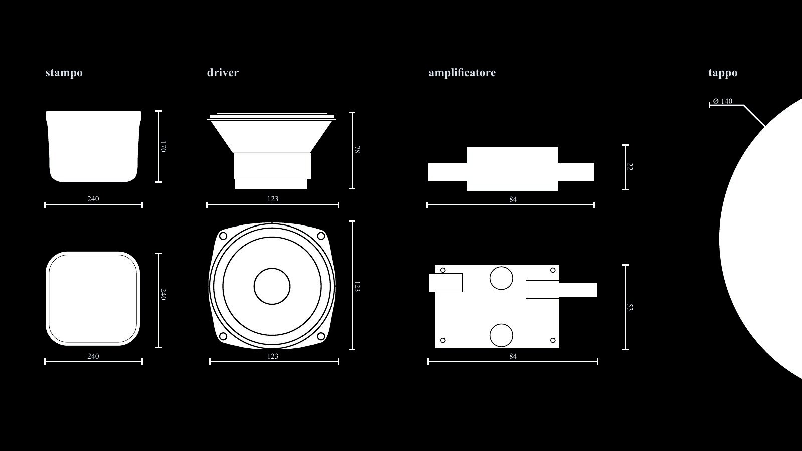 Technical drawings of mould, driver, amplifier and cap