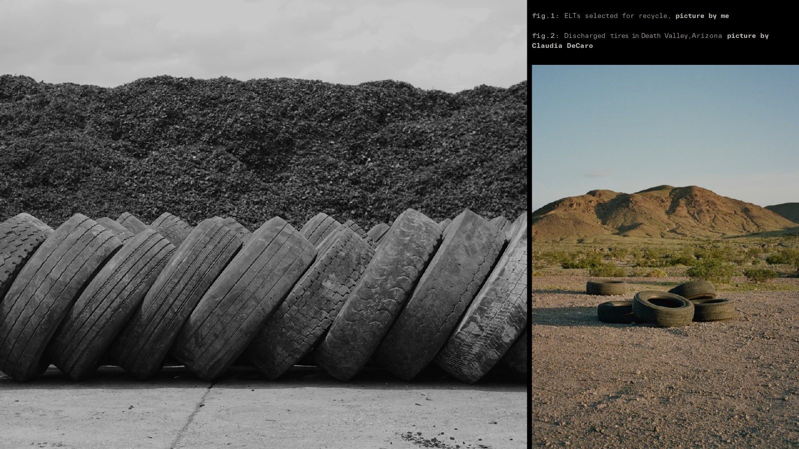 End-of-life tires stacked for recycling