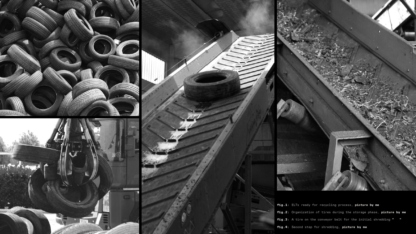 Four black and white photographs of the tire shredding process