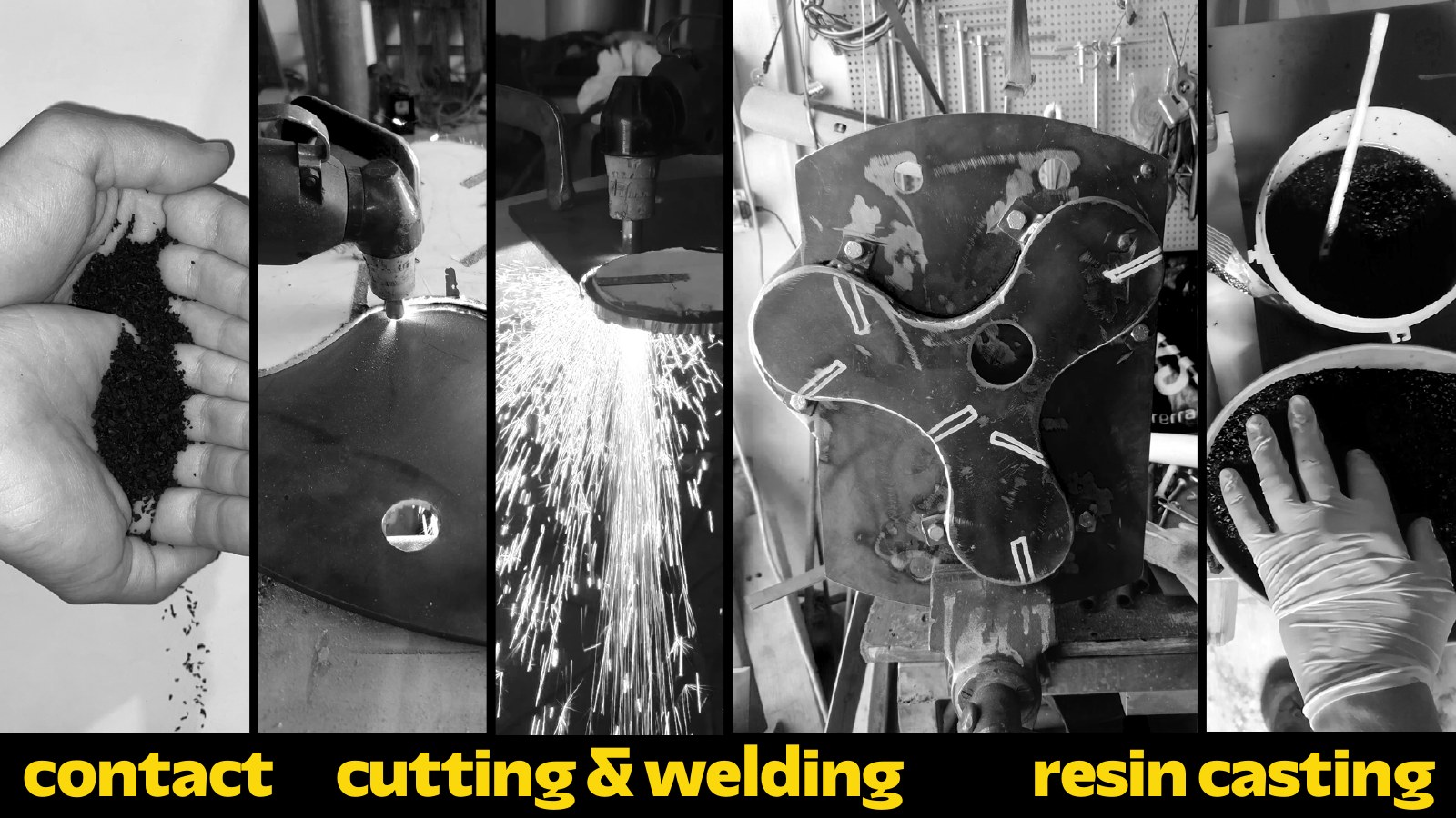Photographs of rubber granulate, cutting, welding and resin casting