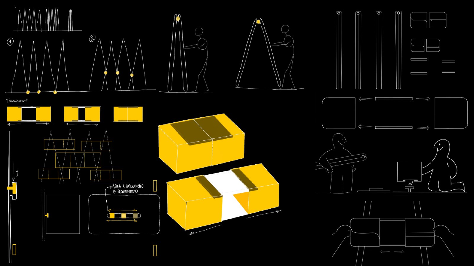 Sketches of the folding mechanism and use scenarios