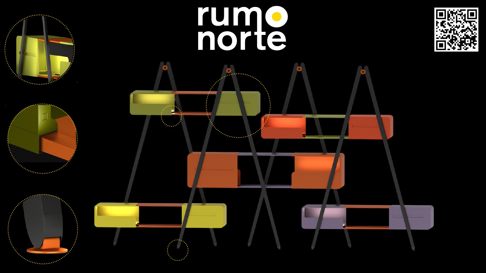 Folding modular shelving system in coloured modules on crossed legs